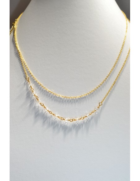 Chaine bola plaqué 114 cm - Semi-perlée (Or/cristal blanc)